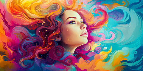 long haired young woman with color waved curly hair in colorful retro art style inspired illustration