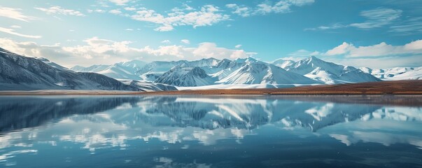 Reflective lake with snow-capped mountains in the background, 4K hyperrealistic photo