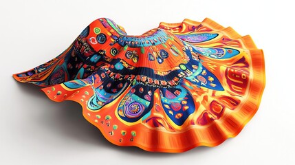 A vibrant, artistic representation of a decorative hat with colorful patterns and textures.