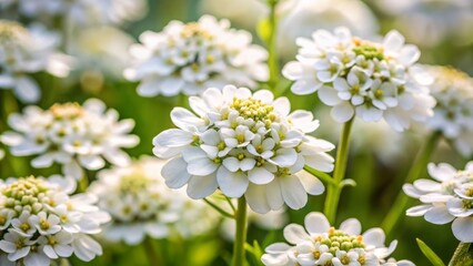 Obraz premium The delicate white flower heads of candytuft pop against the soft green foliage, with a blurred background to
