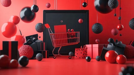 Red and black shopping scene with a cart, gift boxes, and decorative balls. Perfect for marketing, advertising, or festive promotions.