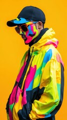 An Asian man stands confidently, dressed in a colorful neon tracksuit with striking face paint, isolated against an orange backdrop