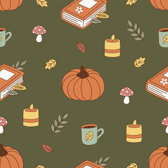 seamless pattern with cute  pumpkin, book, candle, mushroom