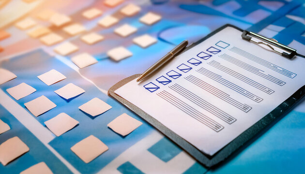 Evaluation and assessment, featuring elements like checklists, evaluation forms, and scorecards, symbolizing review, grading, and assessment.