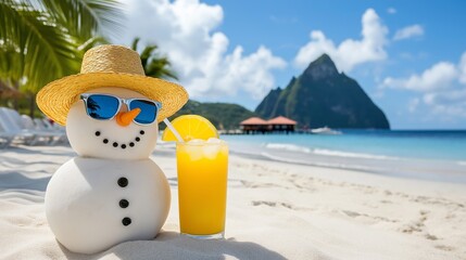 A snowman is sitting on the beach with a glass of orange juice and sunglasses. The scene is bright and cheerful, with the snowman's hat and sunglasses adding a playful touch to the image