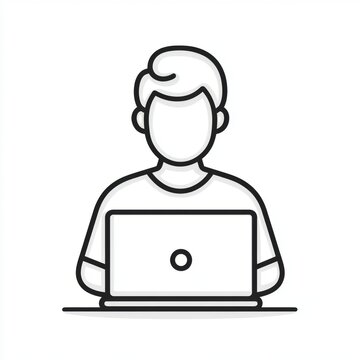 recommend clip art: An icon of a person sitting in front of a laptop computer, a vector outline in a simple line drawing on a white background.