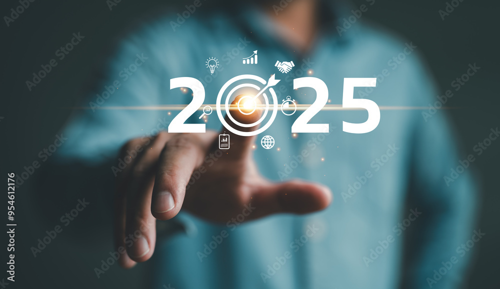 Poster positive indicators in 2025, businessman touching target icon on virtual screen with 2025. startup b