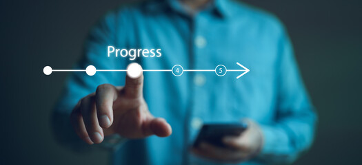 Hand touching to tick correct mark in checklist with progressive loading status to remind work task progressive for project develop management and tracking concept.