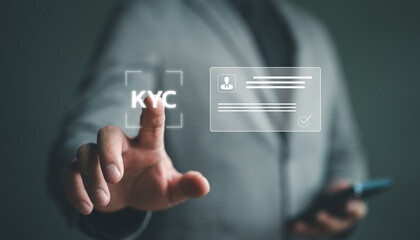 Know your customer concept. Business verifying the identity of clients for KYC financial client authentication. Personal information for identification. Person holding KYC card icon on virtual screen.