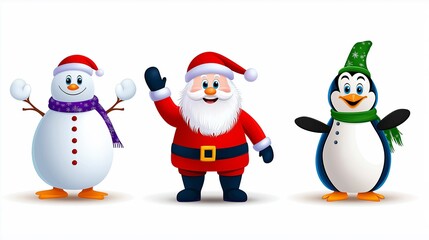 Three cartoon characters, a snowman, a penguin, and Santa Claus, are standing next to each other