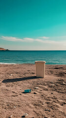 A deserted beach showcases a single piece of litter near a coastline, highlighting environmental neglect under a bright blue sky