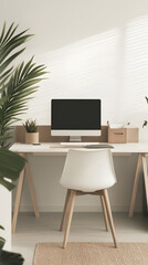 A minimalist workspace features clean lines and neutral colors, with a sleek desk, computer, and greenery for a serene atmosphere