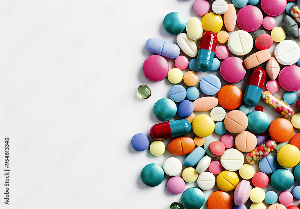 Wall mural Colourful pills and medicine top view on a white background AI Image