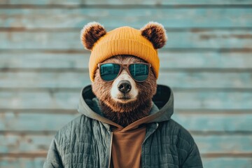 A bear wearing sunglasses and a yellow hat poses for a picture
