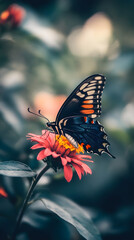 Obraz premium A single colorful butterfly resting on a blooming flower surrounded by soft foliage in a serene garden setting