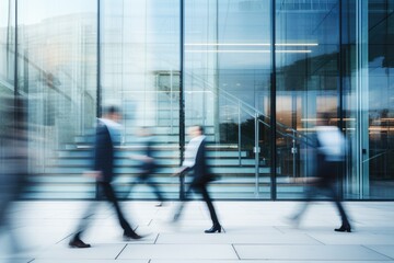 A group of people walking in front of a building with a blurred background, as the people are seen walking up and down the stairs