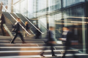 A group of people are walking up a set of stairs in a busy city, as the people are seen walking up and down the stairs