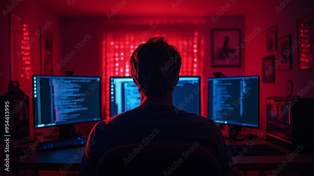 Poster a man is sitting in front of three computer monitors, one of which is displaying a red background. t