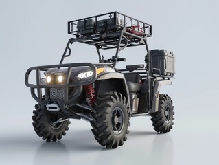 A 3D render of an ATV front rack with a mounted cooler