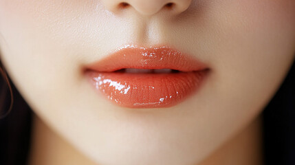 Close-up of the model, delicately applying lip gloss with her lips slightly parted, highlighting the glossy texture of the lip gloss under the soft lighting.