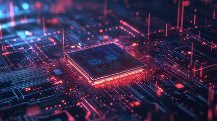 An advanced technology concept showing a circuit board with a CPU processor and microchip initiating AI digitalization, neural networking, and cloud computing, with digital lines moving data.