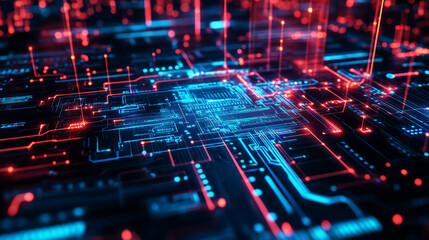 Obraz premium An advanced technology concept showing a circuit board with a CPU processor and microchip initiating AI digitalization, neural networking, and cloud computing, with digital lines moving data. 