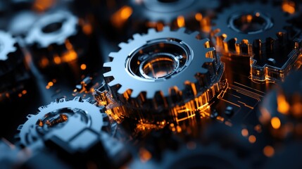 A close-up of an abstract 3D gear, with complex shapes and details, illuminated subtly on a dark background.