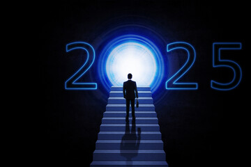 Rear view of businessman carrying a suitcase on the stair while standing near a bright door with 2025 new year numbers