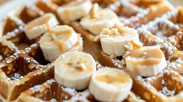 Delectable banana waffles with peanut paste up close