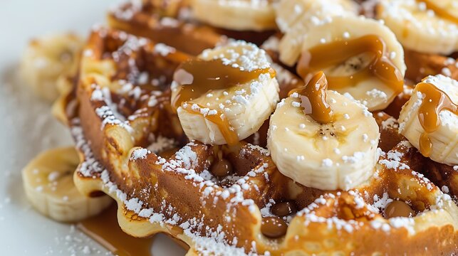 Delectable banana waffles with peanut paste up close