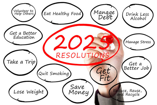Image of hand using marker to write new year resolutions of 2025, isolated on white background
