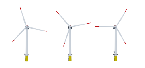 Three white wind turbines with red tips on transparent background