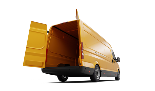Open back yellow delivery van on transparent background