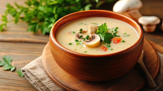 A delicious bowl of creamy mushroom soup garnished with fresh herbs, perfect for a cozy meal or elegant dining.