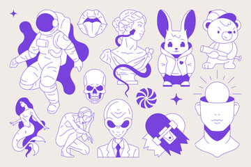 Y2k funky neo gothic psychedelic blue sketch icon set trendy t shirt print vector flat illustration. Surreal minimal contemporary pop art astronaut rabbit skull antique sculpture snake alien