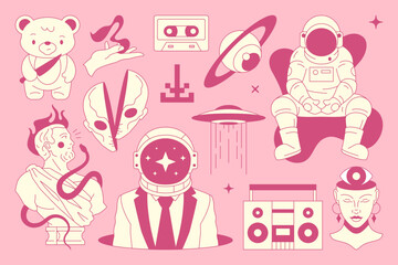 Y2k psychedelic contemporary pop art retro groovy pink girl glam icon set vector flat illustration. Surreal neo gothic concept comic outline sticker funky astronaut Kawaii bear antique sculpture UFO