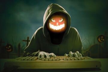 Hacking and internet security concept hacker in hoody typing on keyboard and digital glowing skull...