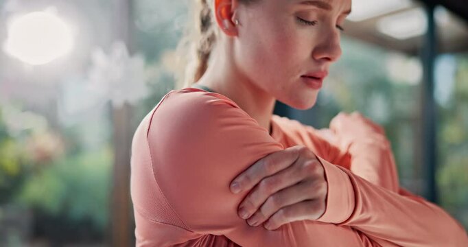 Exercise, stretching and woman with shoulder pain for yoga workout with injury, medical risk and accident. Fitness, wellness and person with inflammation, tension and muscle strain for body health