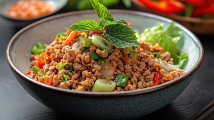 A vibrant bowl of flavorful minced meat salad, garnished with fresh herbs and colorful vegetables perfect for a healthy meal.