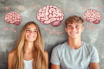 Critical Mirror neurons Group portrait of three young people with brain patterns above their heads symbolizing youth innovation and collaborative thinking