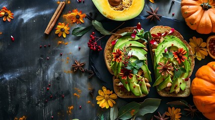 Delicious avocado toast on a pumpkin backdrop with blooms and spices