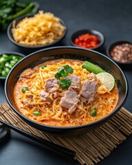 A vibrant bowl of spicy noodle soup garnished with fresh herbs, lime, and tender meat, served on a rustic table setting.