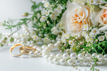 Beautiful flowers, pearl jewelry and two gold wedding rings on a white background. Marriage concept. Wedding bouquet. Isolated, close up


