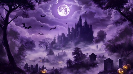 Haunted Graveyard with Full Moon and Gothic Castle, Ideal for Halloween Dark Theme Wallpaper