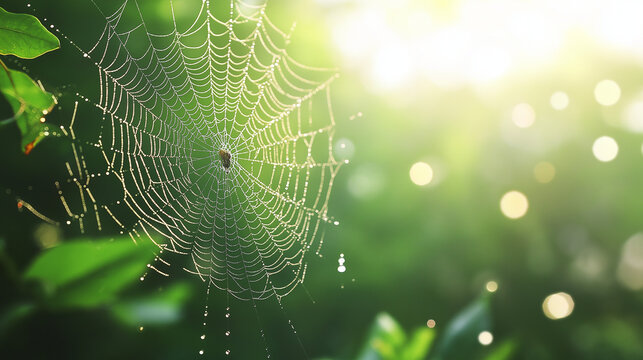 focus remains on the spider web. The background might include natural elements like foliage, flowers, or a grassy