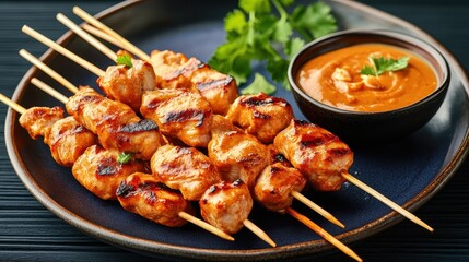 Delicious grilled chicken skewers served with creamy peanut sauce and fresh cilantro on a stylish plate.