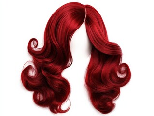 Voluminous Curls With Side Part Ruby Red Wig On White Background, Perfect For Powerful Heroines, Strong Characters, And Luxurious Cosplay Inspirations . Generative ai