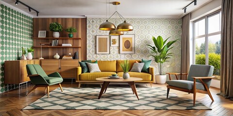 Fototapeta premium * Warm and sophisticated, this mid-century modern room showcases designer furniture, vibrant geometric patterns, and
