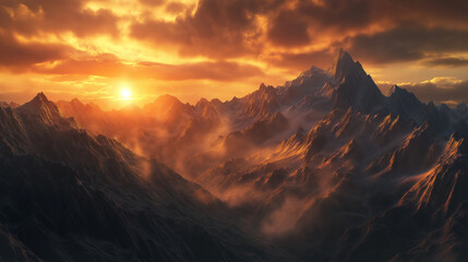 sunset in the mountains, sunset over rugged mountain peaks. The mountains are bathed in the warm light of the setting sun