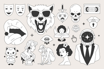 Y2k psychedelic comic retro groovy contemporary pop art icon set vector flat illustration. Glamour neo gothic surreal cyber virtual reality sculpture wolf skull mask lips beauty woman trendy sticker